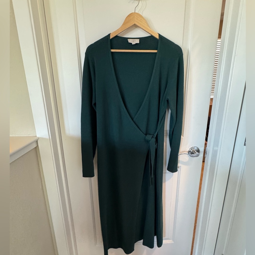 LOFT Deep Green Knit Wrap Sweater Dress